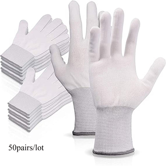 FOSHIO 50Pairs White Working Gloves Anti-static Wrap Tint Safety Nylon Work Gloves